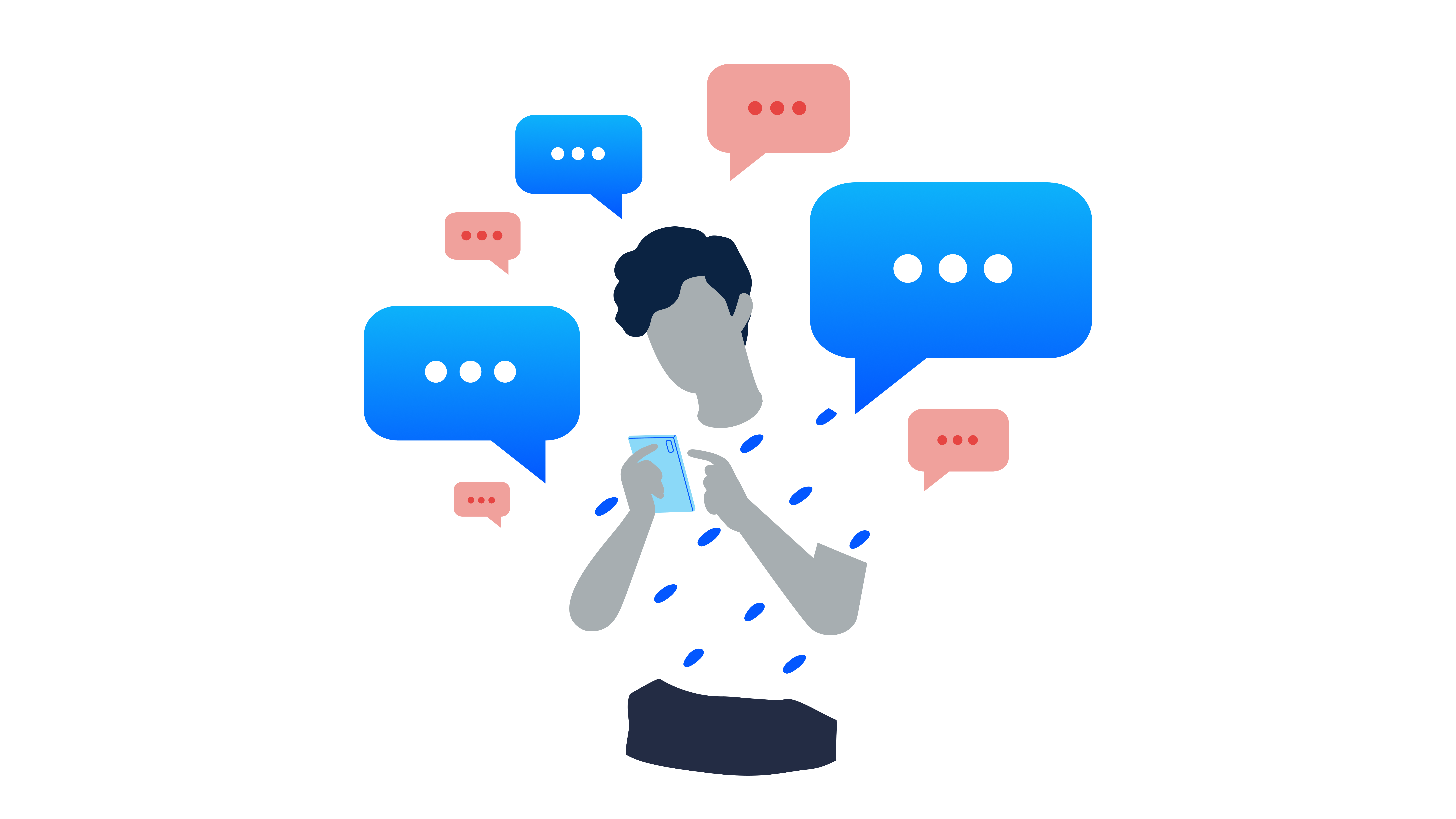 Illustration of a man holding a using a phone surrounded by speech bubbles. 