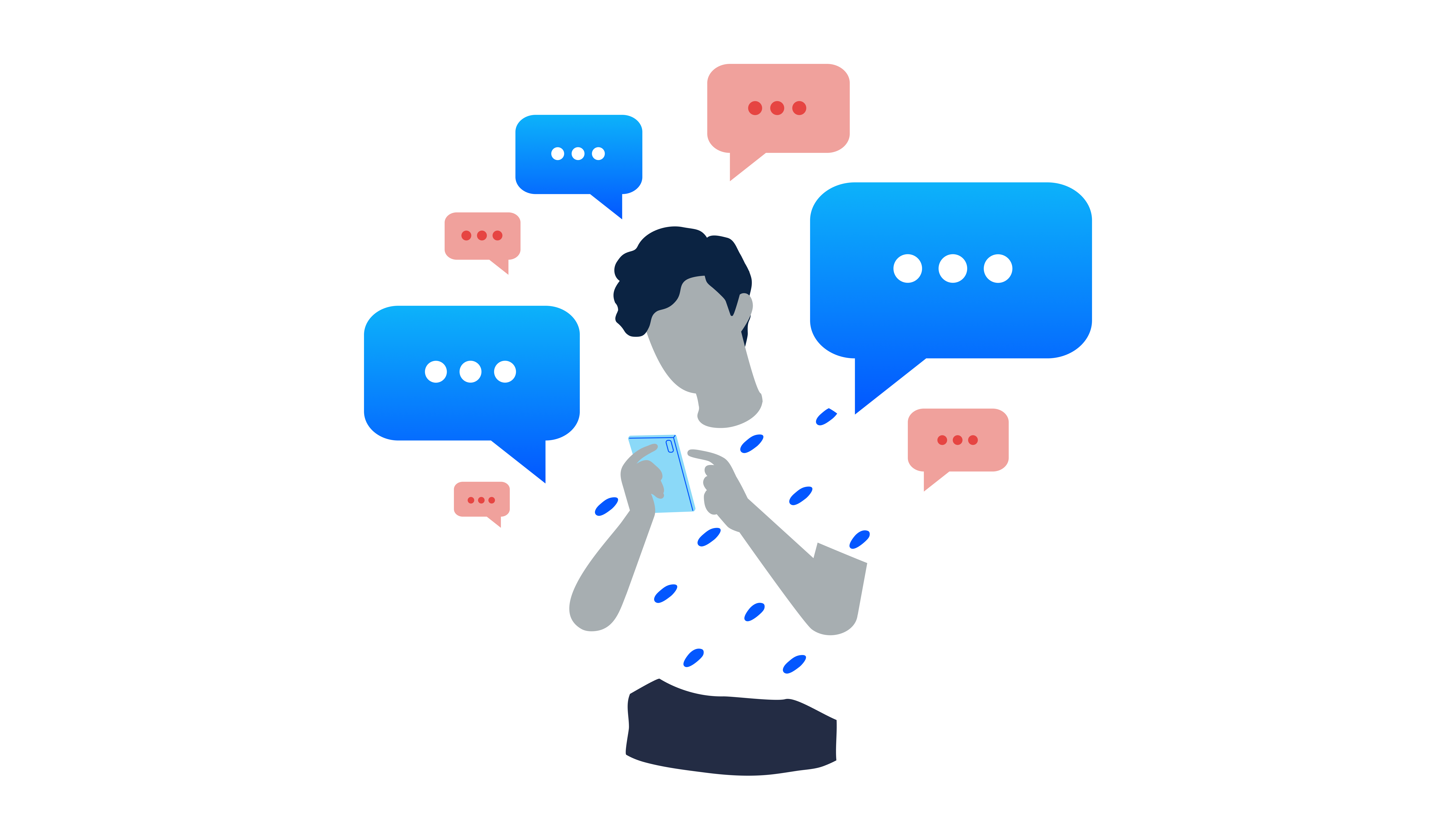 Illustration of a man holding a using a phone surrounded by speech bubbles. 