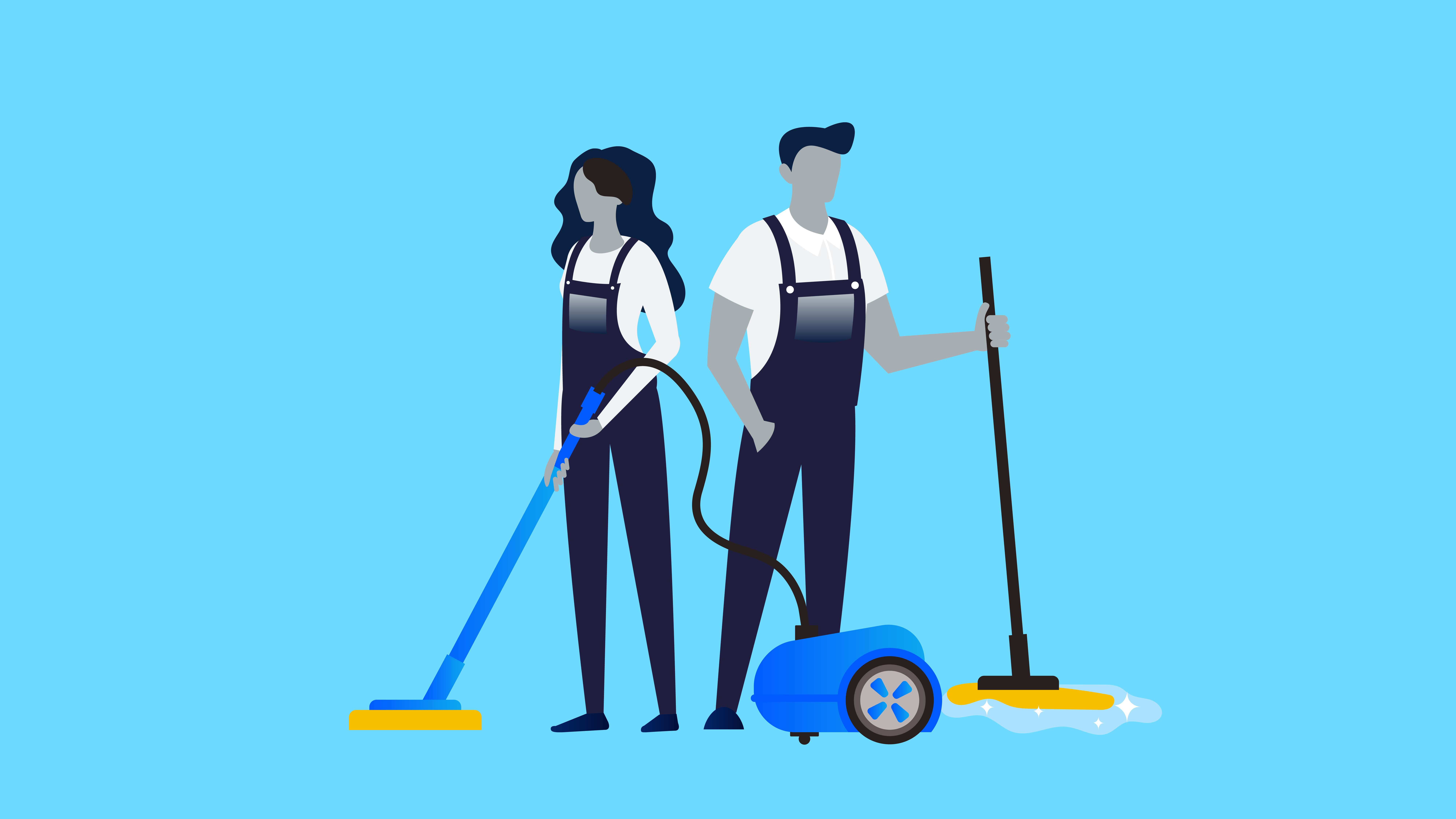 Illustration of two business owners with cleaning supplies.