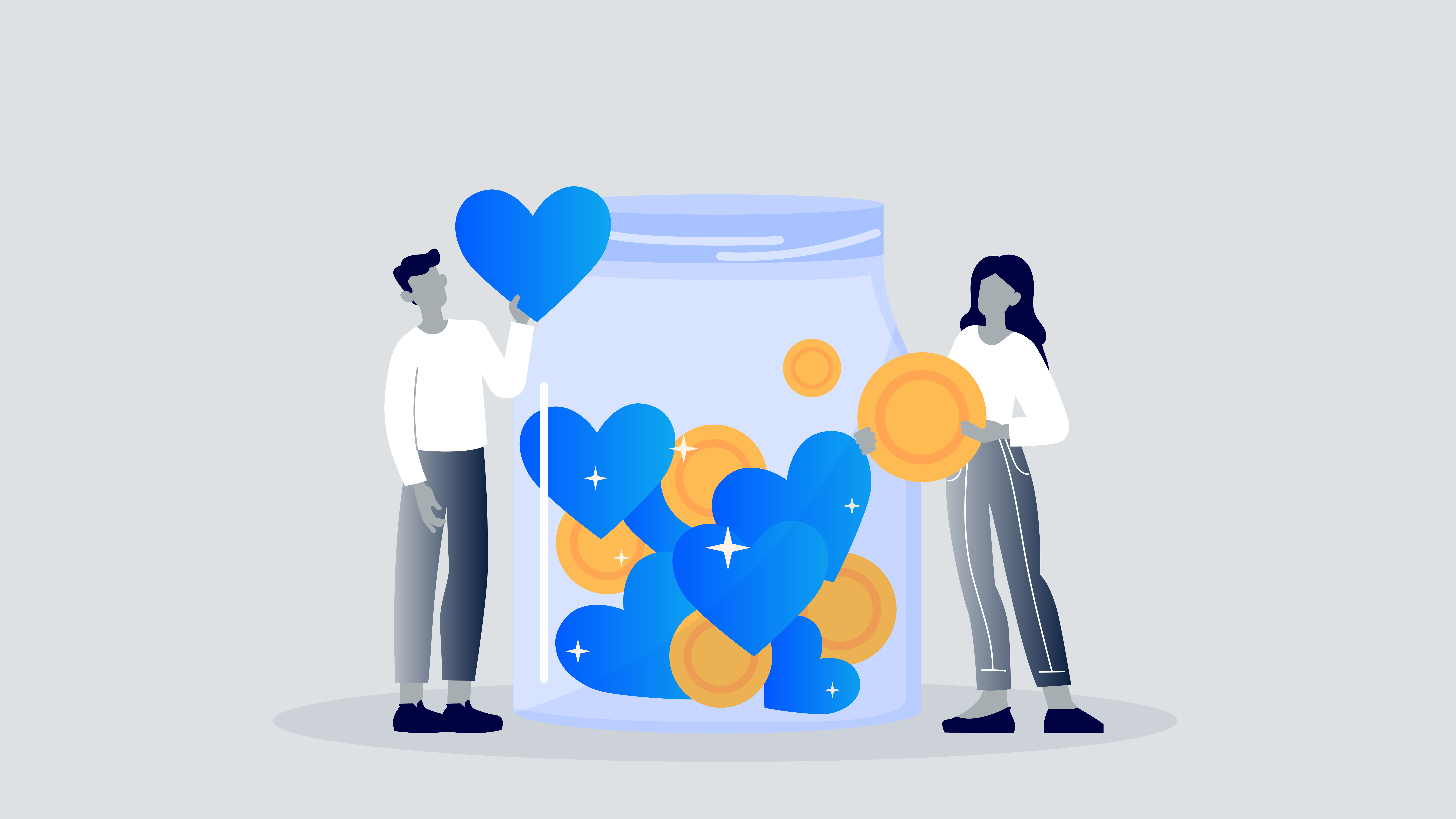Illustration of man and woman adding hearts and coins to a jar.