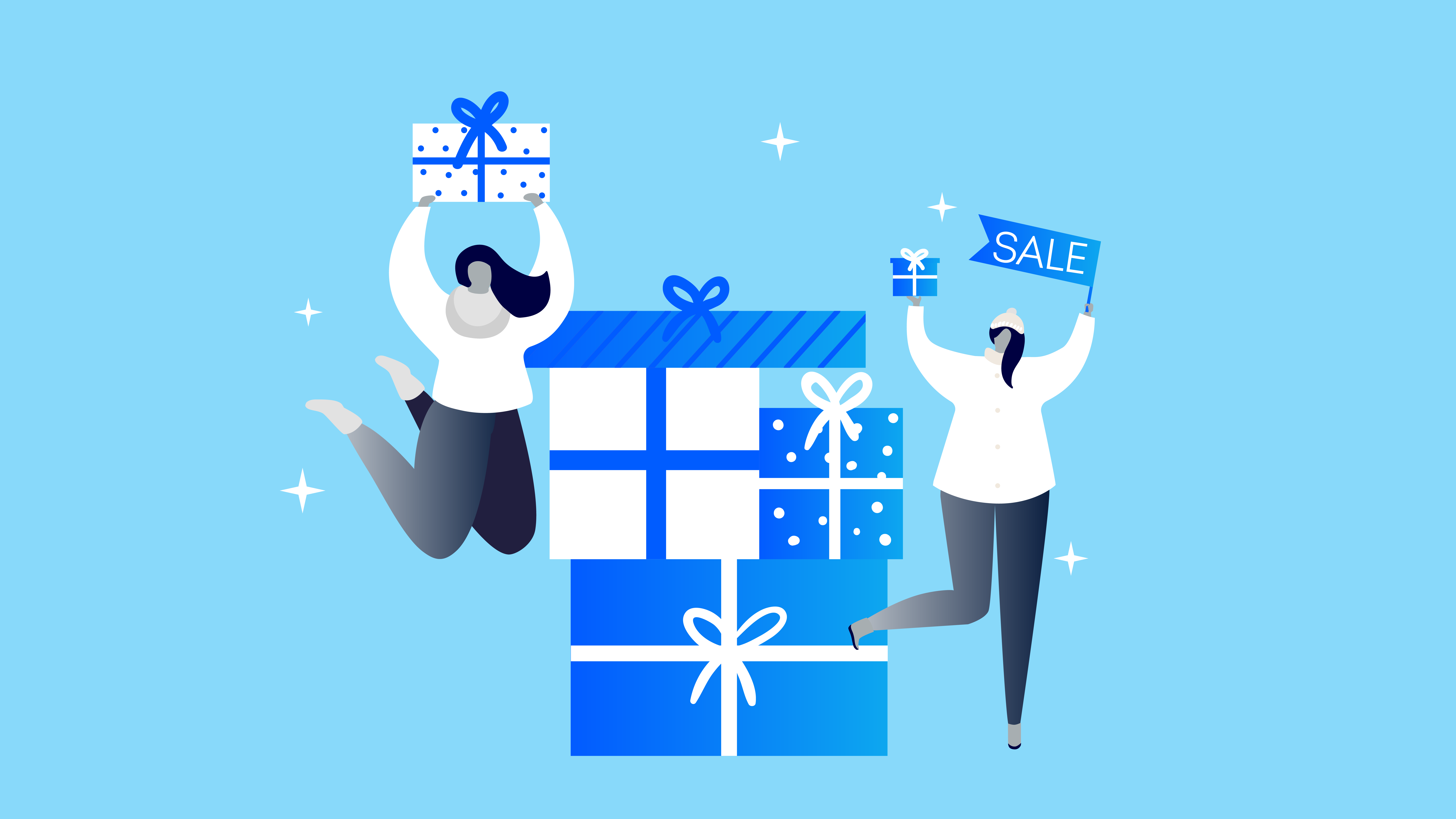 Illustration of two women next to holiday gifts and a sale sign.