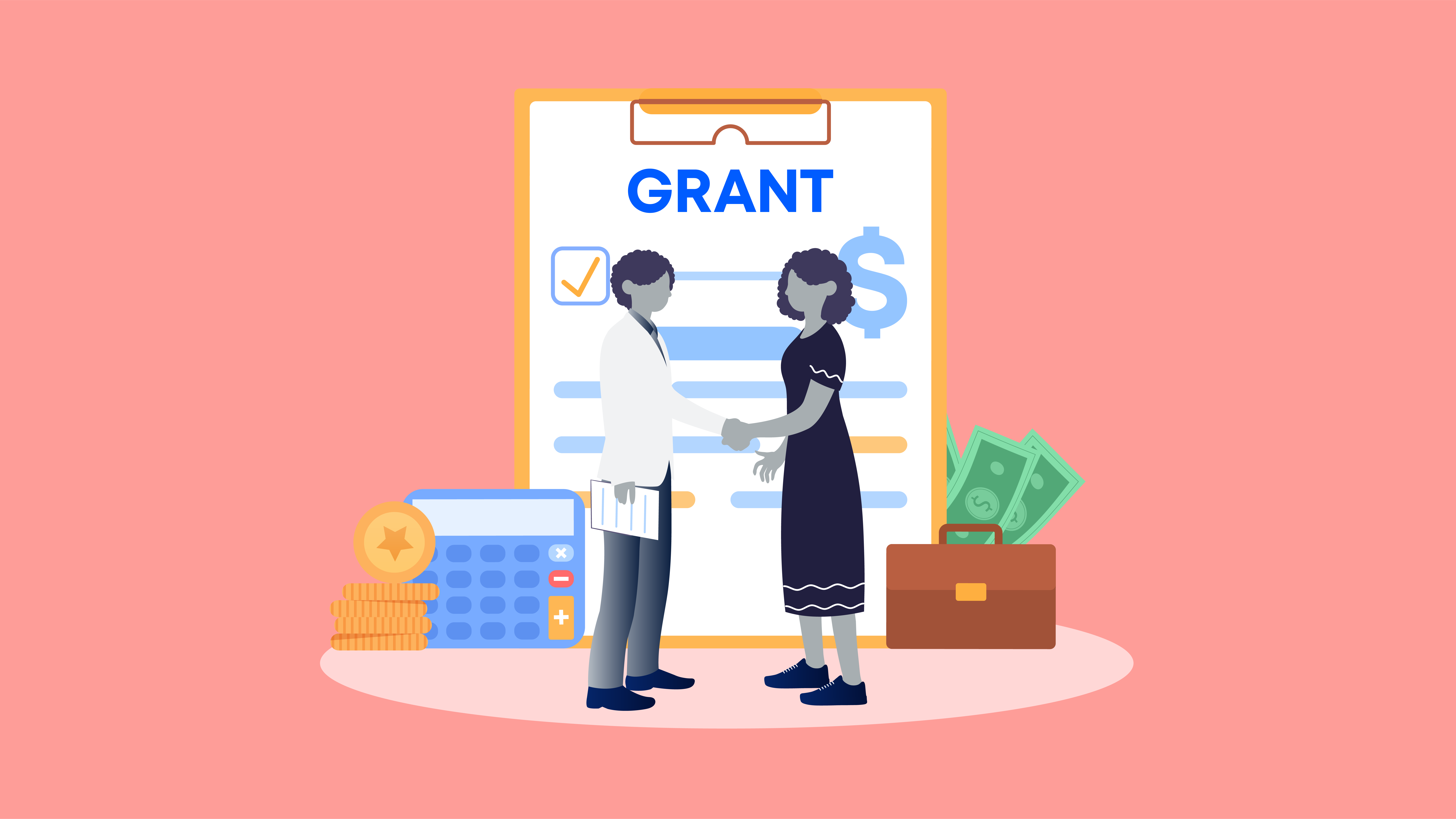 Two women shaking hands with a grant application on the background.