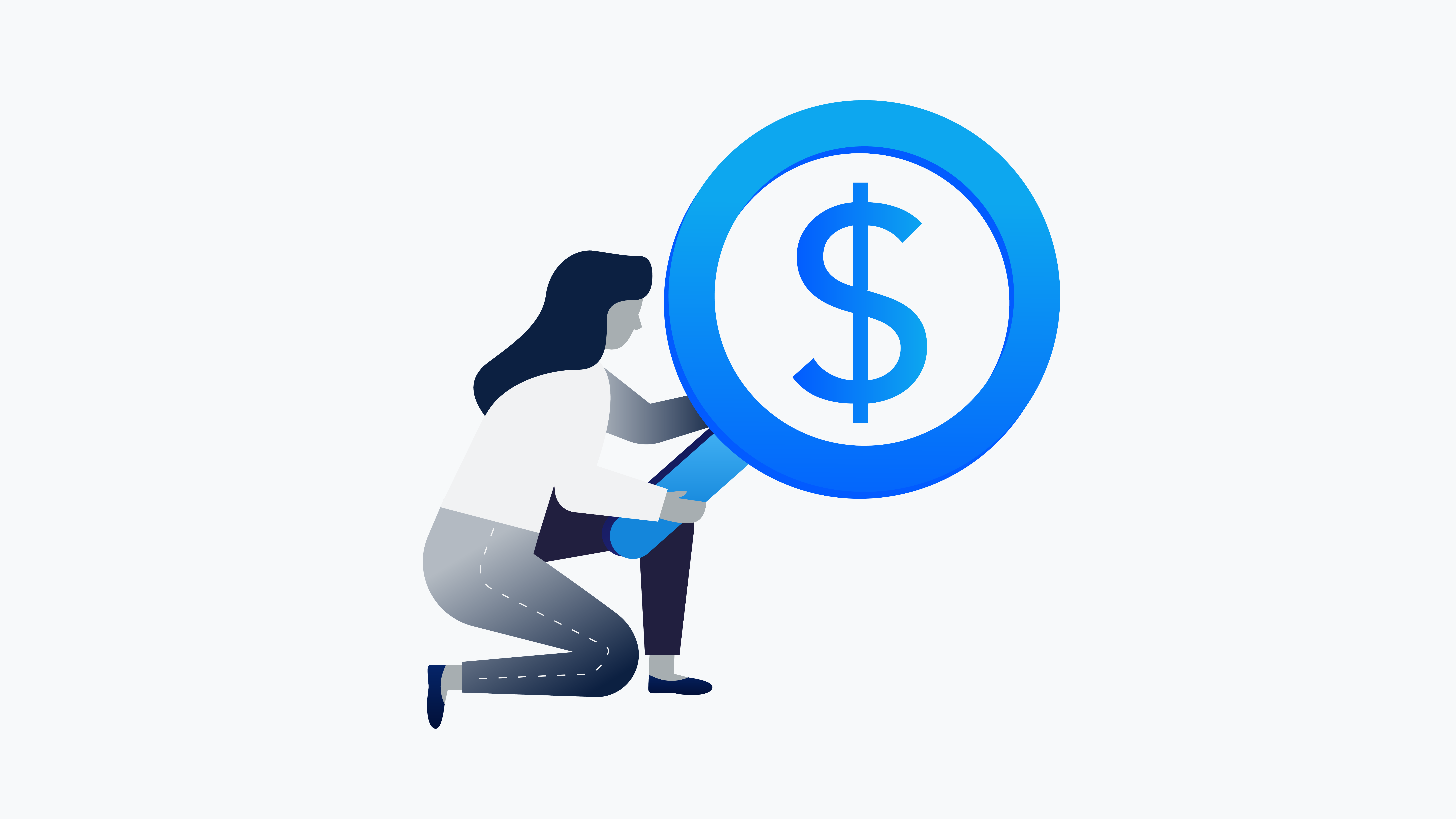 Illustration of a woman holding magnifying glass with a dollar sign in the center. 