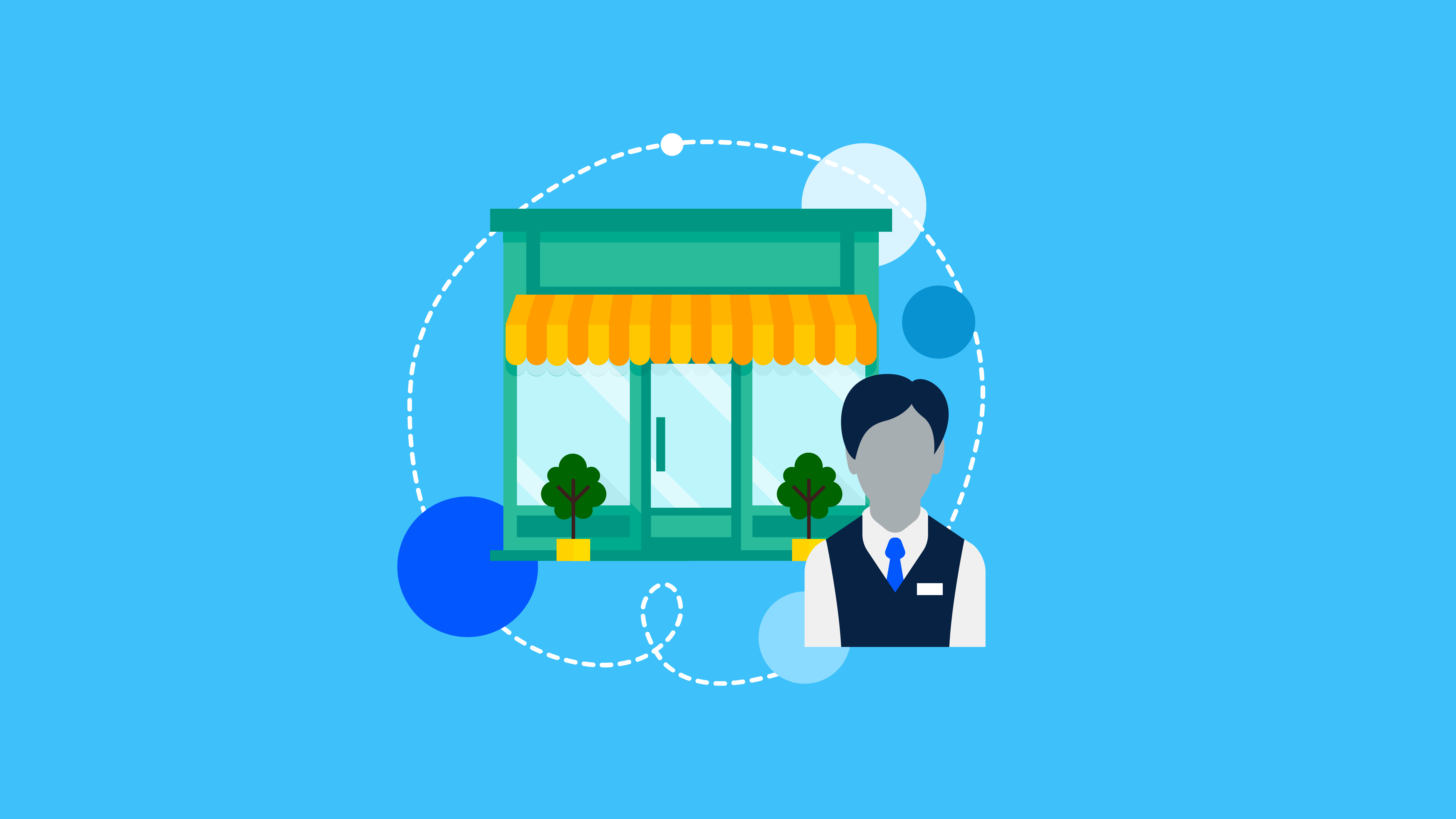 Illustration of a small business storefront and a business owner.