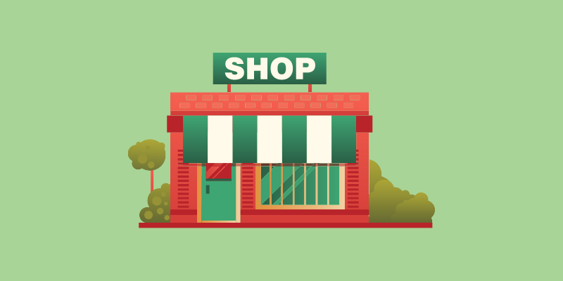 Illustration of a small business storefront with the word shop at the top.