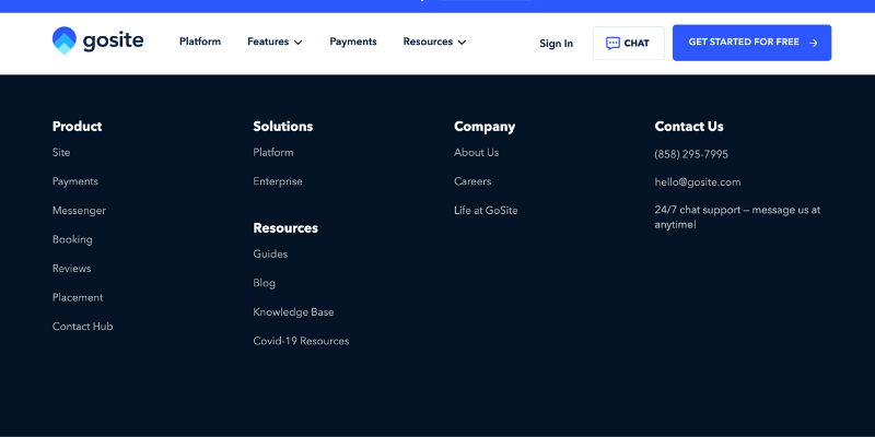 screenshot of the gosite website's footer section